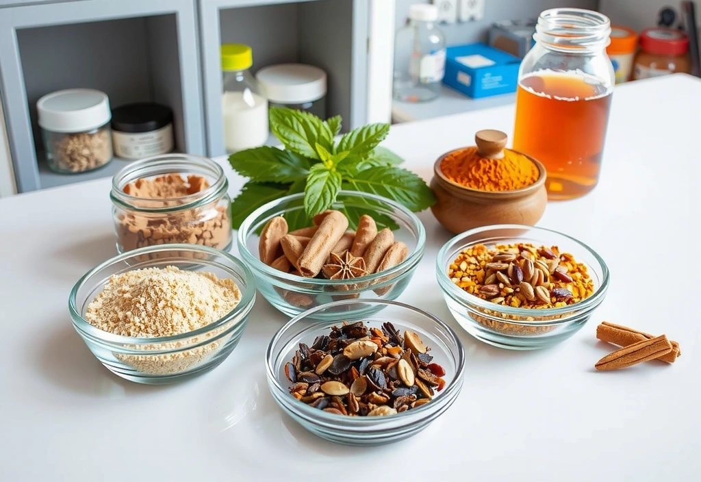Assorted natural ingredients including herbs, spices, and botanical elements in a laboratory setting