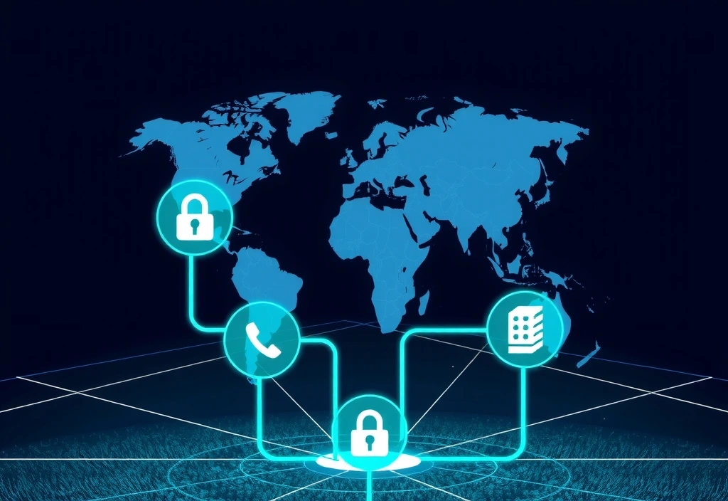 Global data transfer illustration with connected world map and secure connections