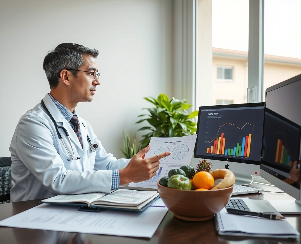 Professional nutritionist or doctor reviewing supplement research data and clinical study results in a modern office setting