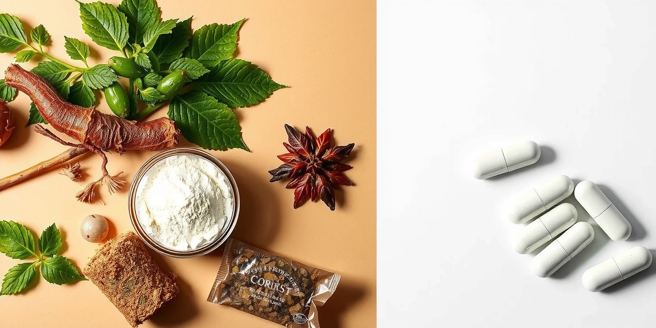 Split composition showing natural herbs on one side and synthetic pills on the other with a clear visual distinction