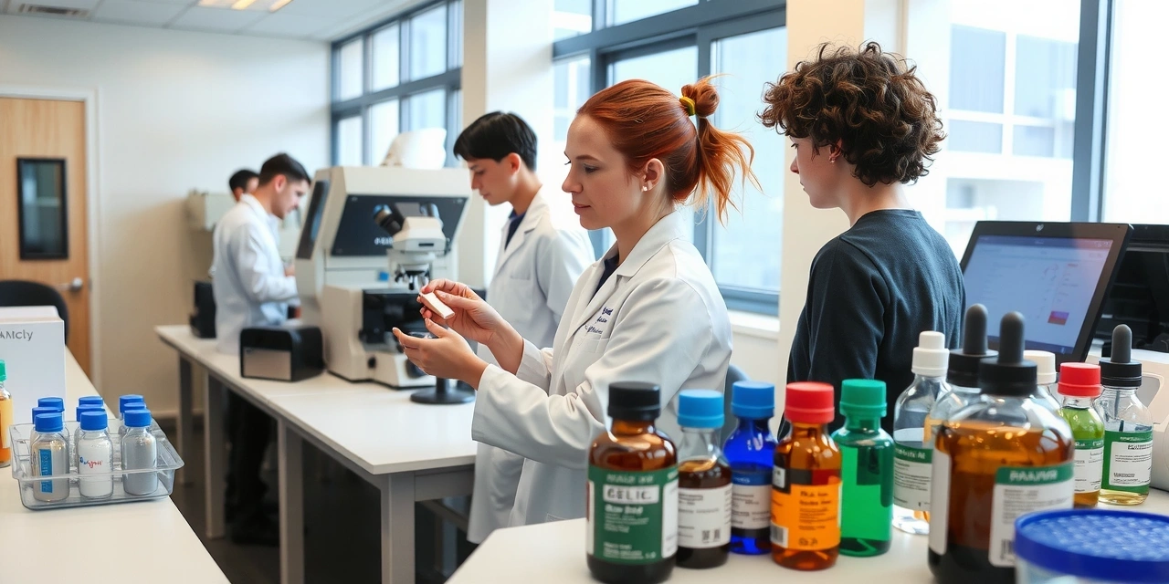 State-of-the-art laboratory with scientists conducting quality testing on natural supplement samples